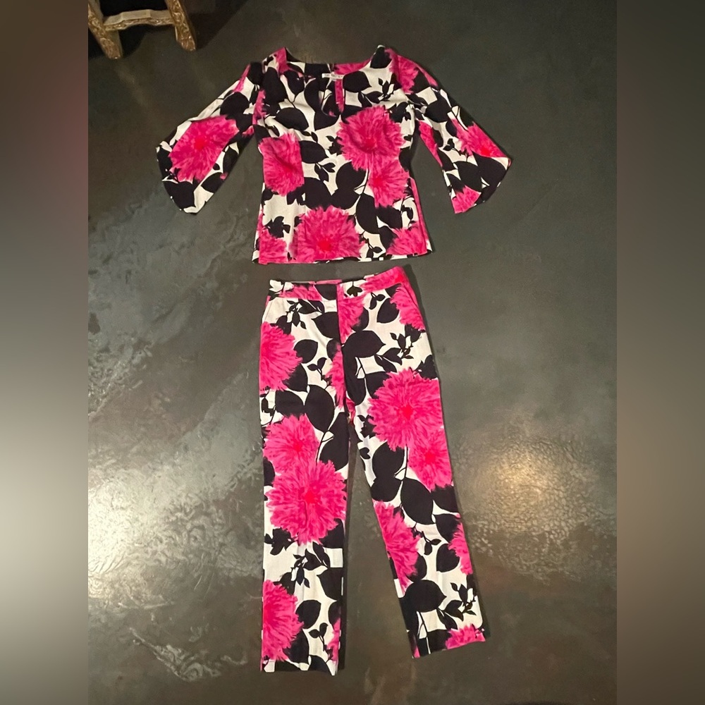 Trina Turk Pink, Black & White Floral Pantsuit - Picture 3 of 6